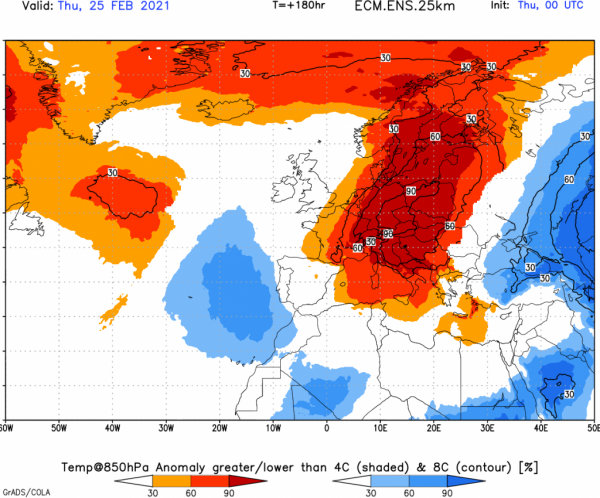 Probabilità di superamento temperatura in quota 850 hPa – 25 febbraio 2021 modello ECMWF-ENS 